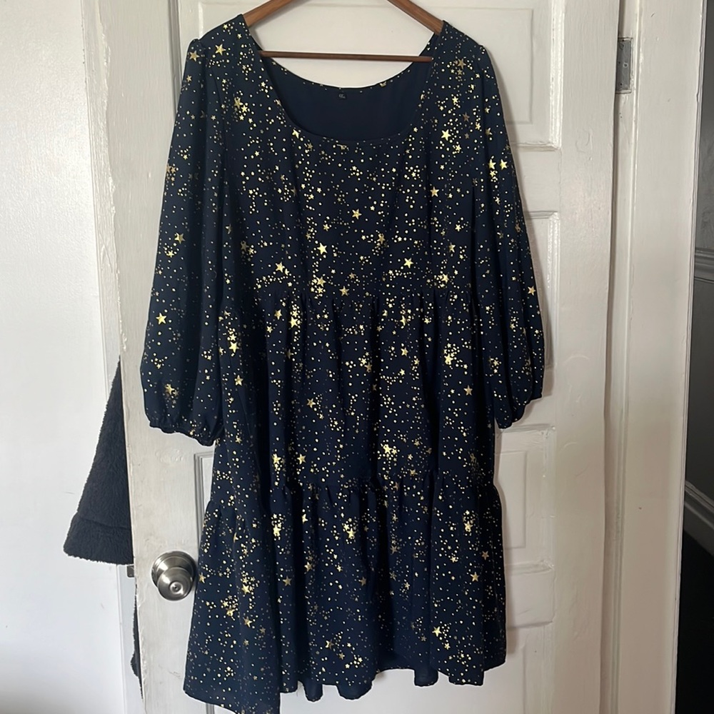 Floerns | 4X | Square Neck Puff Sleeve A Line Dress in Navy Blue Galaxy
